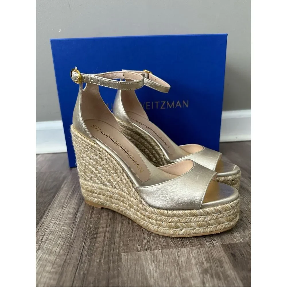 STUART WEITZMAN Nudistcurve Metallic Espadrille Wedge Sandals - Picture 7 of 12